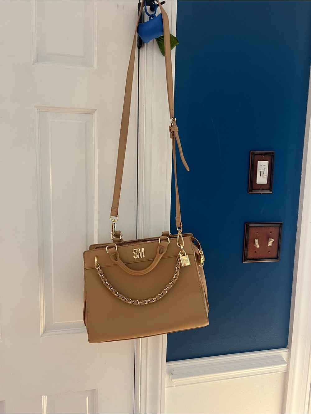 Steve Madden Tan Crossbody Satchel with Gold Chain Accent